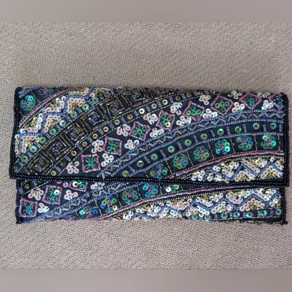 Beaded Sequin Evening Clutch Bag in Black Multi